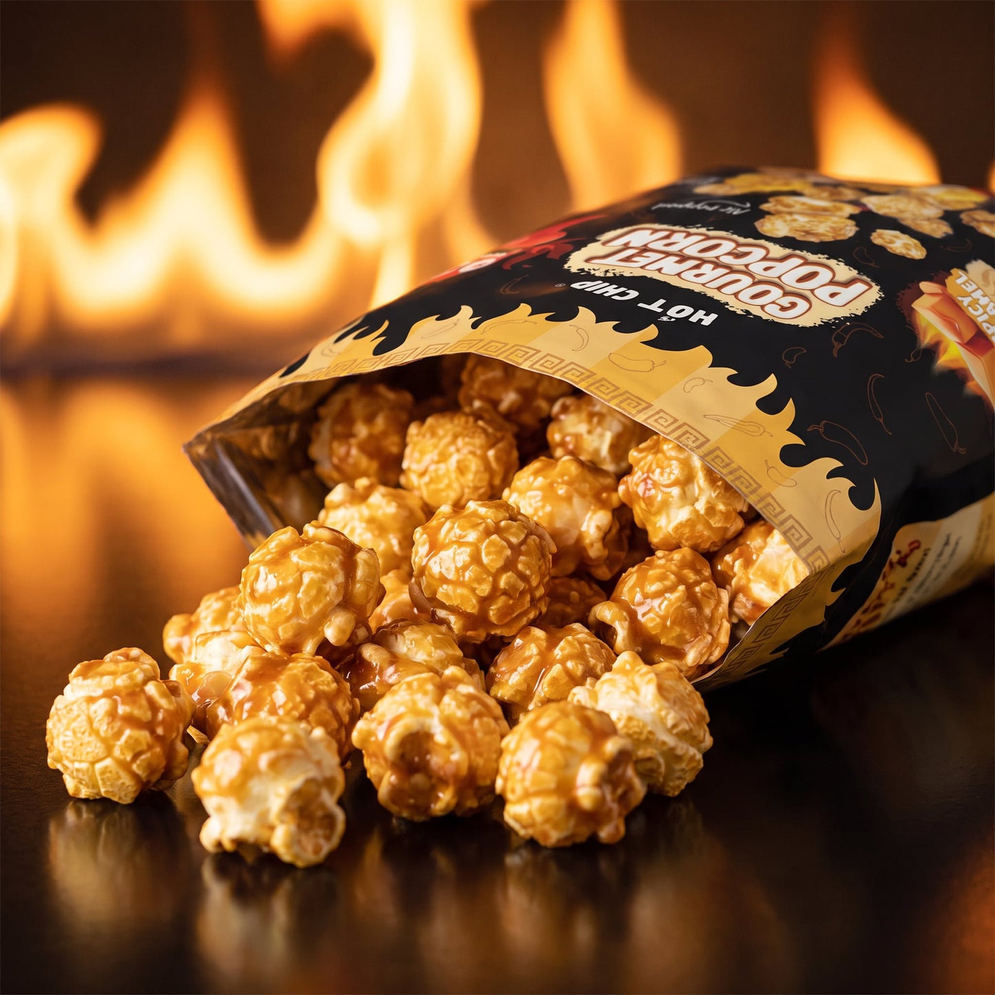 Nahaufnahme des knusprigen Habanero-Karamellpopcorns