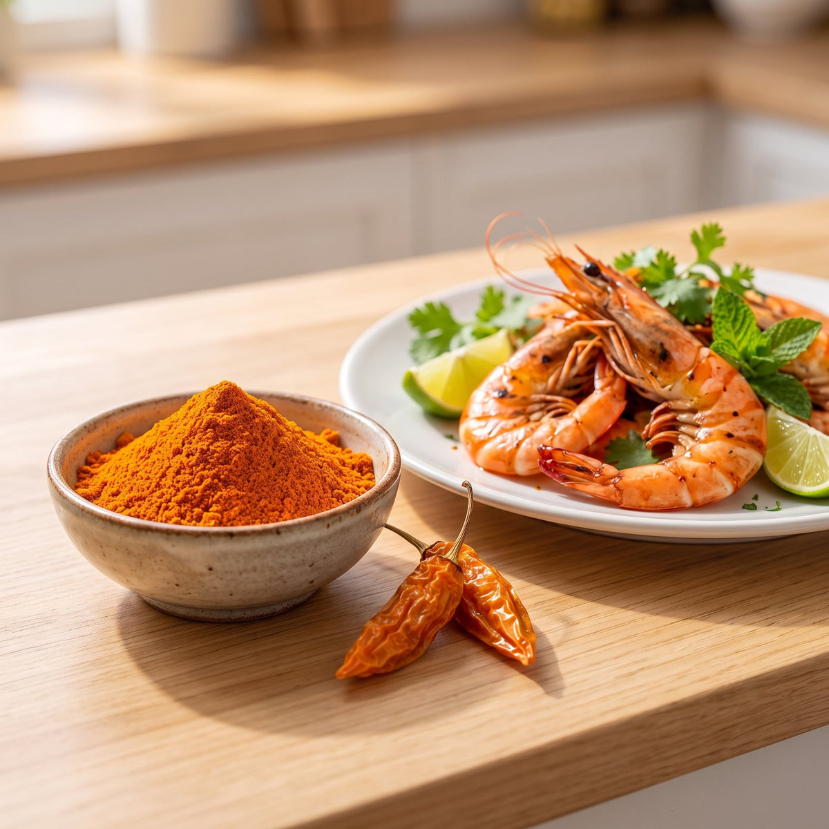 Schälchen Fatalii Orange Chilipulver neben gegrillten Garnelen mit Limette