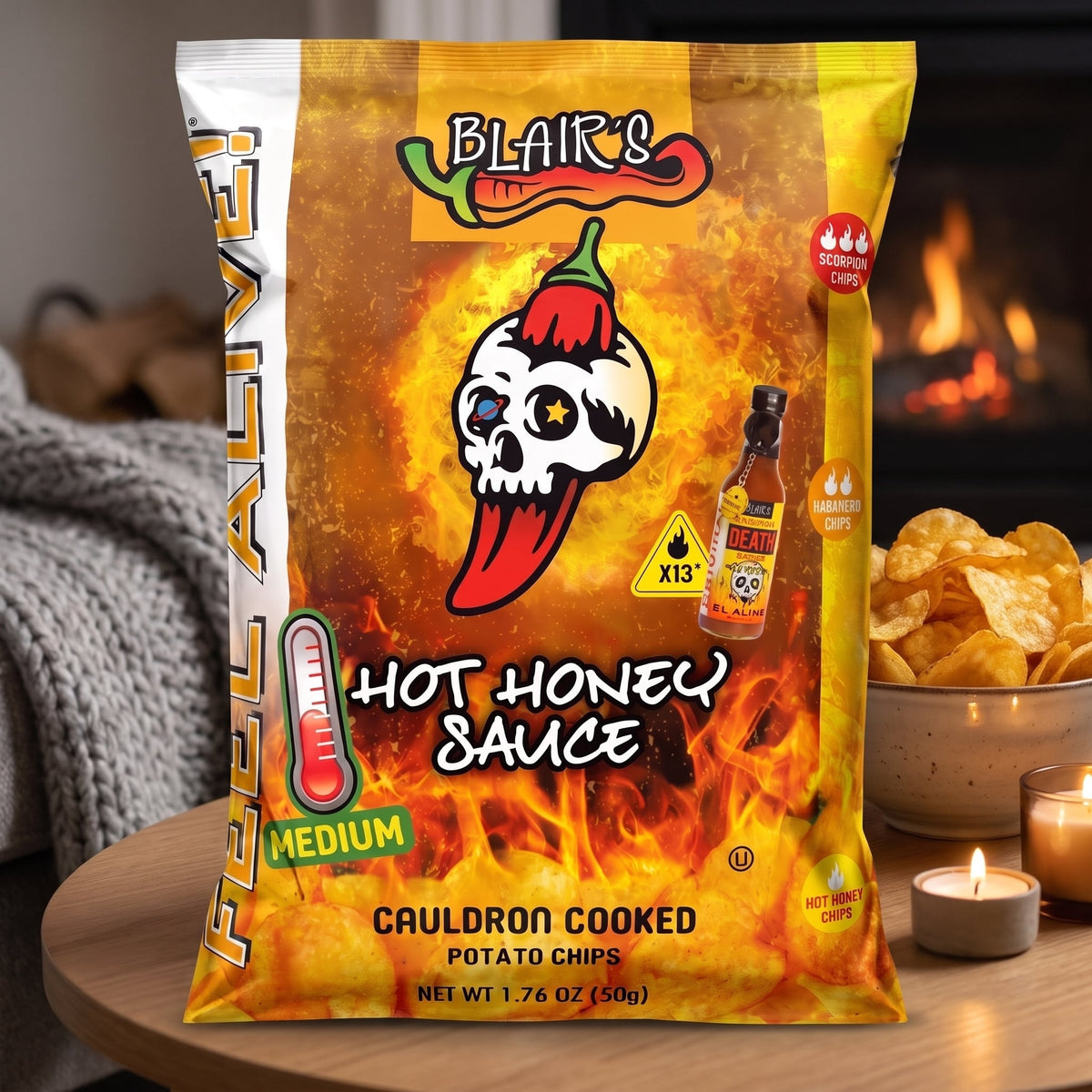 Blair's Hot Honey Sauce Chips mit Chips-Schale beim Filmabend