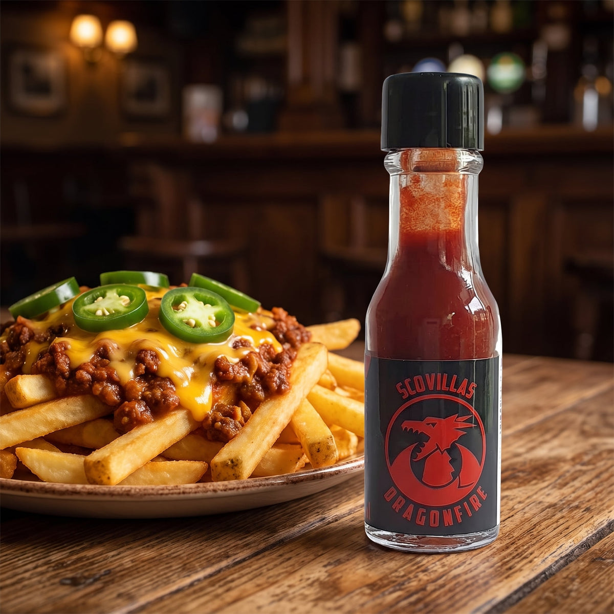 Scovilla Dragonfire Extreme Hot Sauce neben einer Portion Chili Cheese Fries
