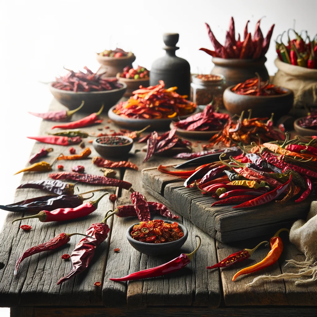 Verschiedene getrocknete, scharfe Chilischoten