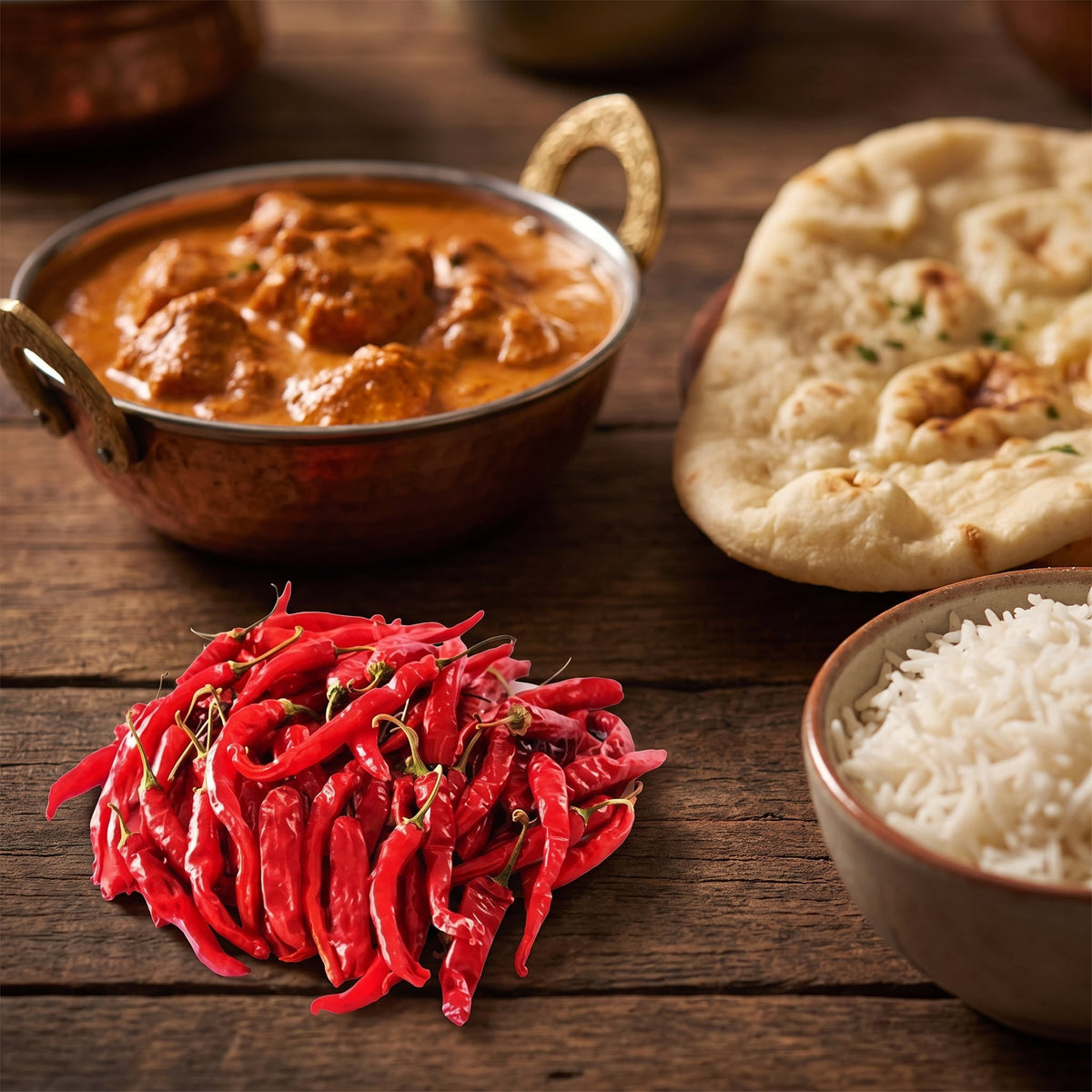 Getrocknete Kashmiri Chilischoten neben Butter Chicken Curry mit Naan und Basmatireis