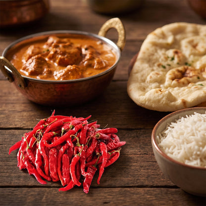 Getrocknete Kashmiri Chilischoten neben Butter Chicken Curry mit Naan und Basmatireis