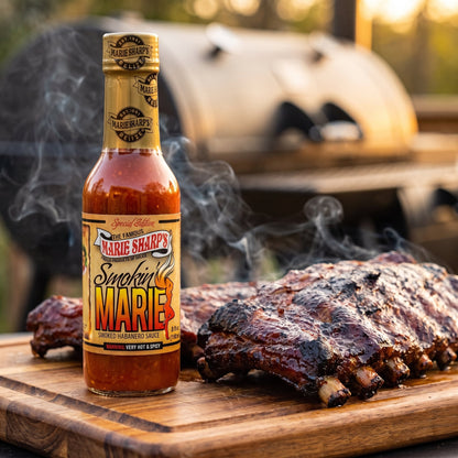 Marie Sharp's Smokin' Marie Habanero Sauce neben geräucherten Spareribs vor einem Smoker