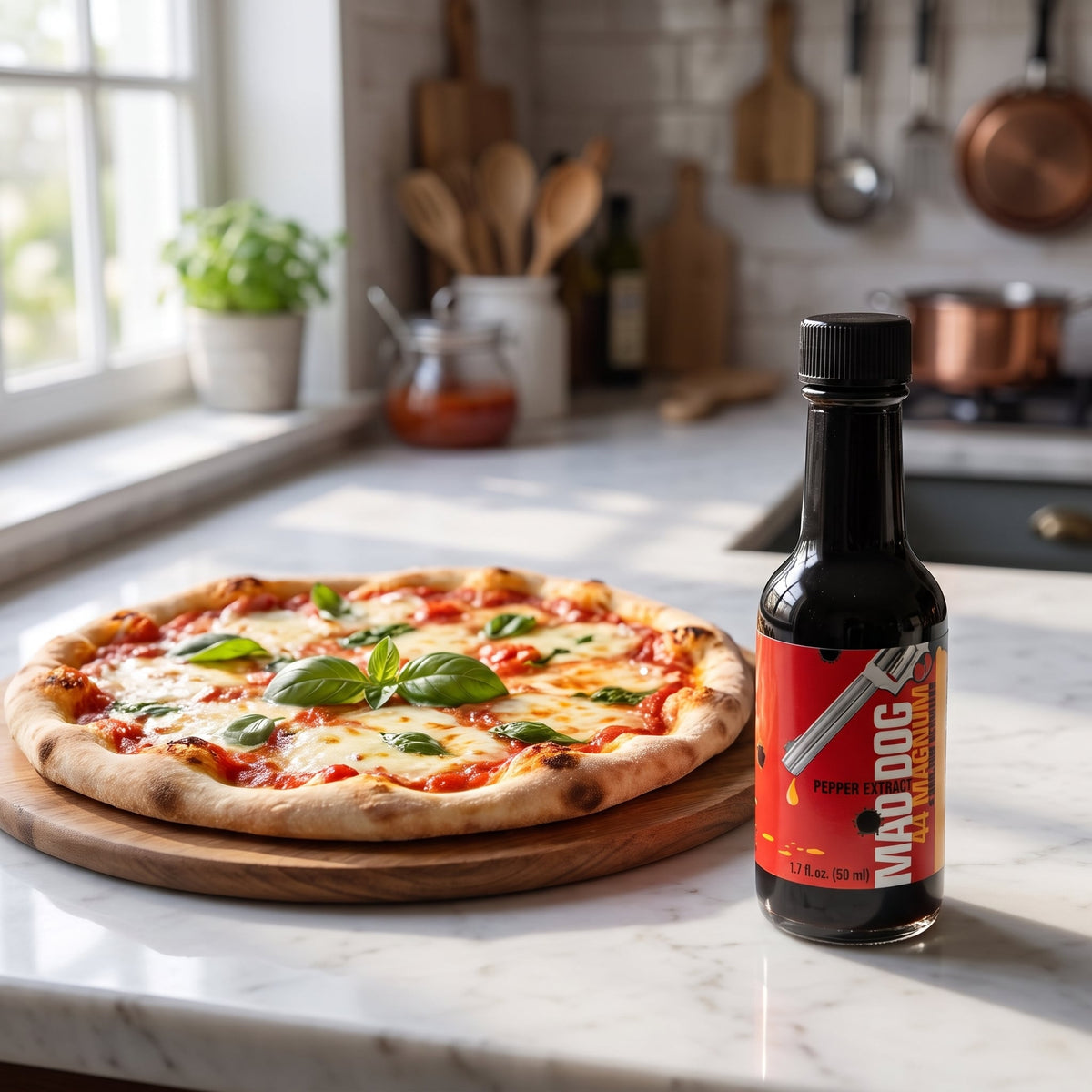 Mad Dog 44 Magnum Chili-Extrakt neben einer frisch gebackenen Pizza