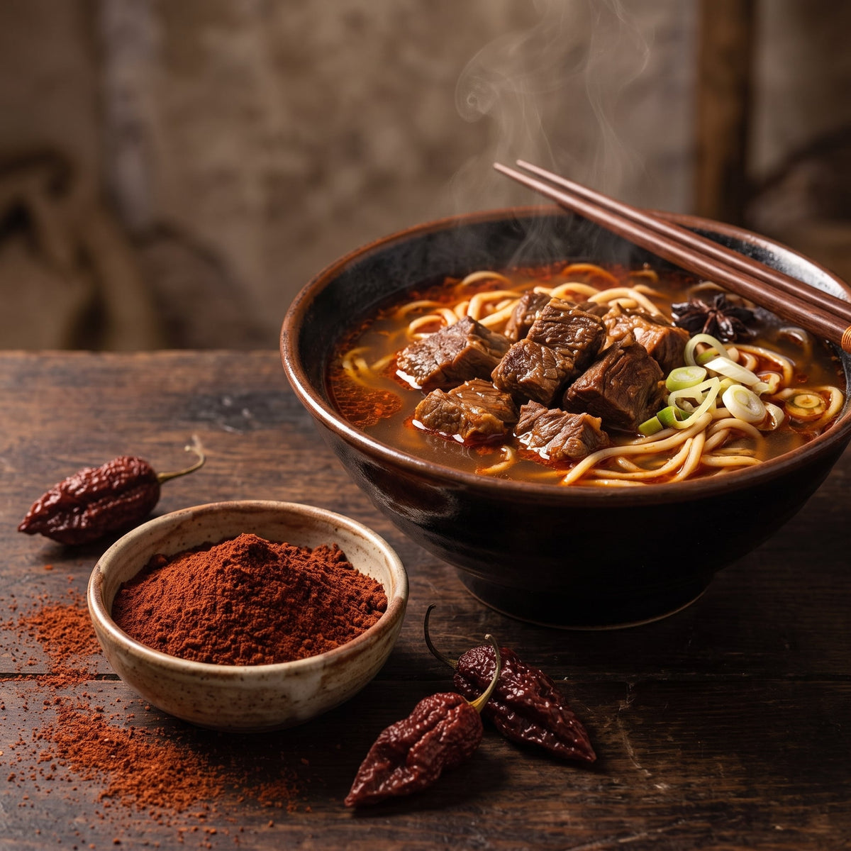 Schälchen Naga Bhut Jolokia Chilipulver neben einer scharfen Nudelsuppe mit Rindfleisch