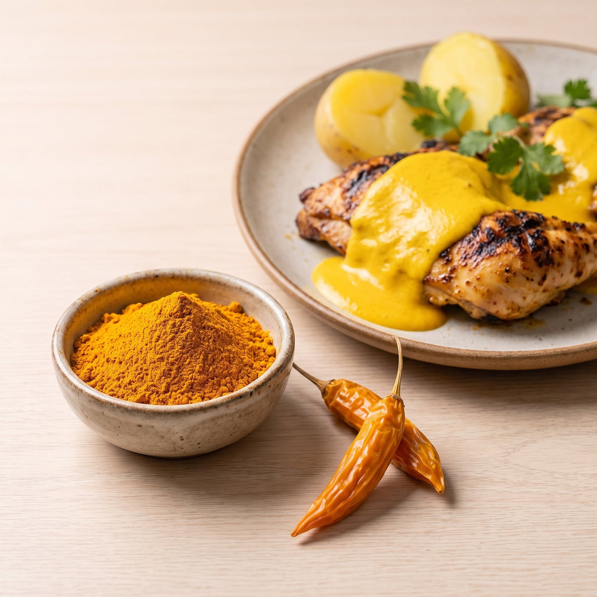Schälchen Aji Amarillo Chilipulver neben peruanischem Grillhähnchen mit gelber Sauce