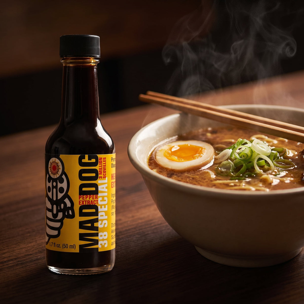 Estratto di peperoncino Mad Dog 38 Special accanto a una ciotola di ramen fumante con uovo