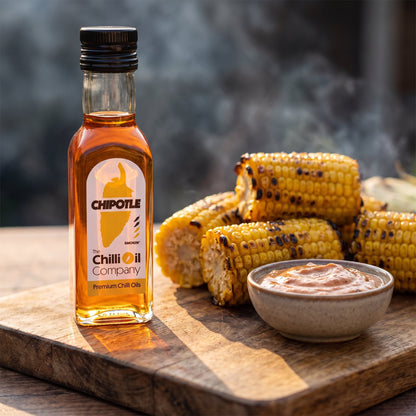 Chipotle Morita Chili-Öl neben gegrillten Maiskolben und einem rauchigen Dip