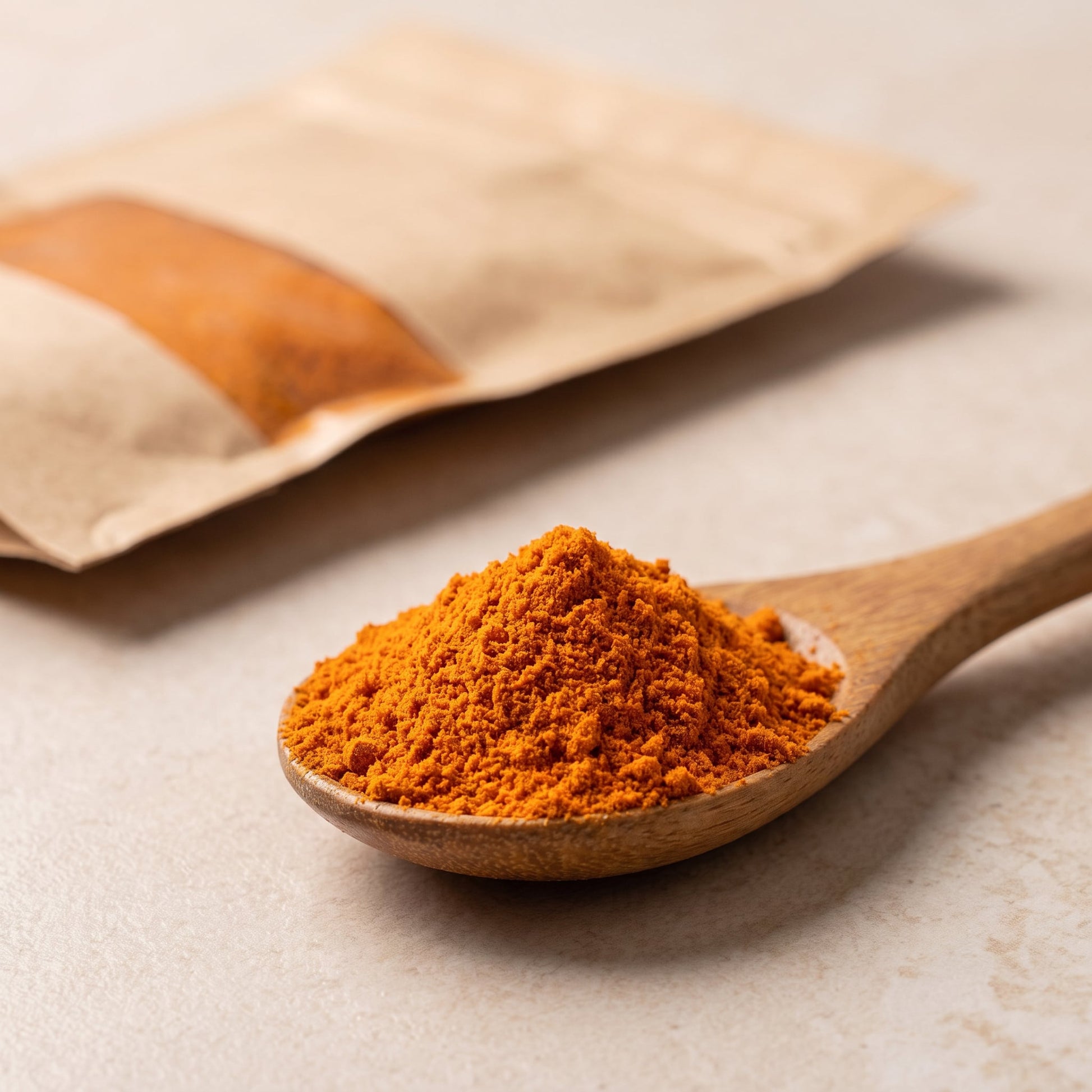 Fatalii Orange Chilipulver auf Holzlöffel, Beutel im Hintergrund