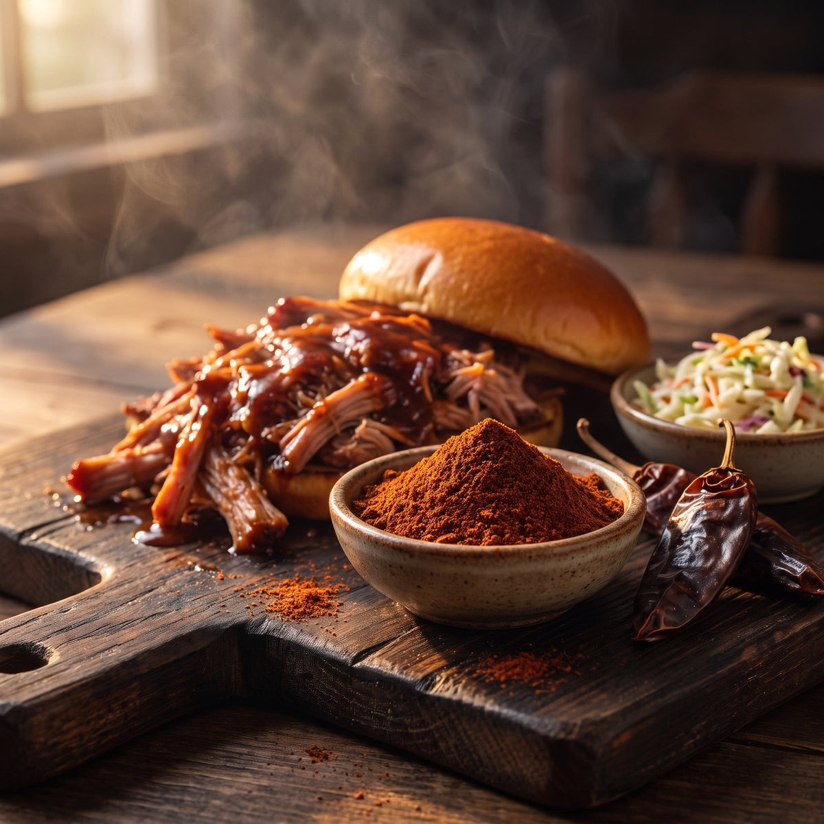 Schälchen Chipotle Chilipulver neben Pulled Pork mit Brioche-Bun und Krautsalat