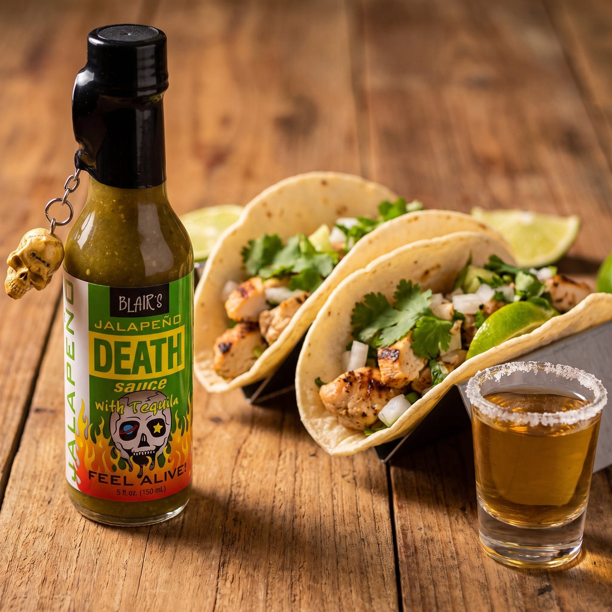 Blair's Jalapeno Death Hot Sauce neben Hähnchen-Tacos und einem Glas Tequila
