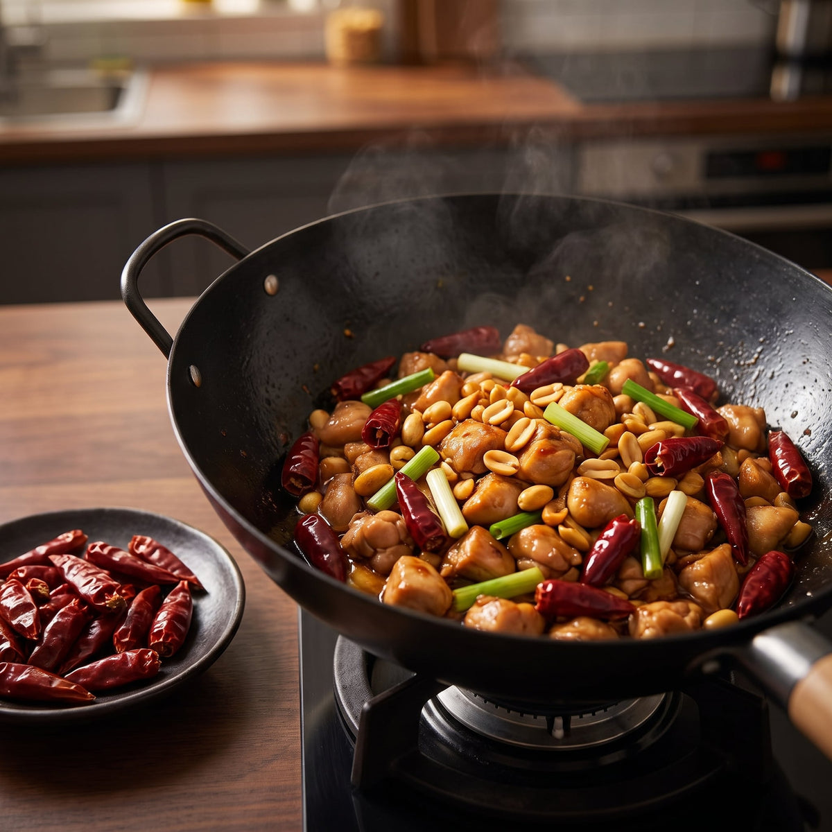 Facing Heaven Bullet Chilis im Wok mit Gong-Bao-Poulet, Erdnüssen und Frühlingszwiebeln