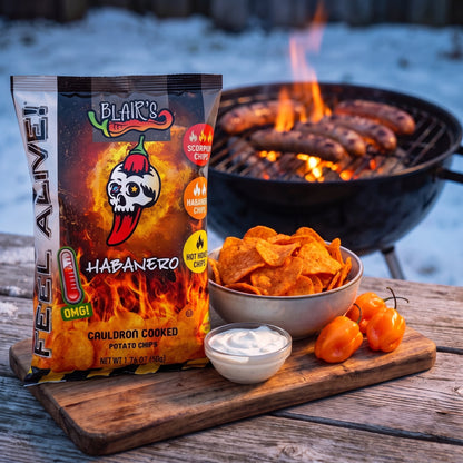 Blair's Habanero Chips neben Wintergrill mit Würsten, Sauerrahm-Dip und Habanero-Chilis