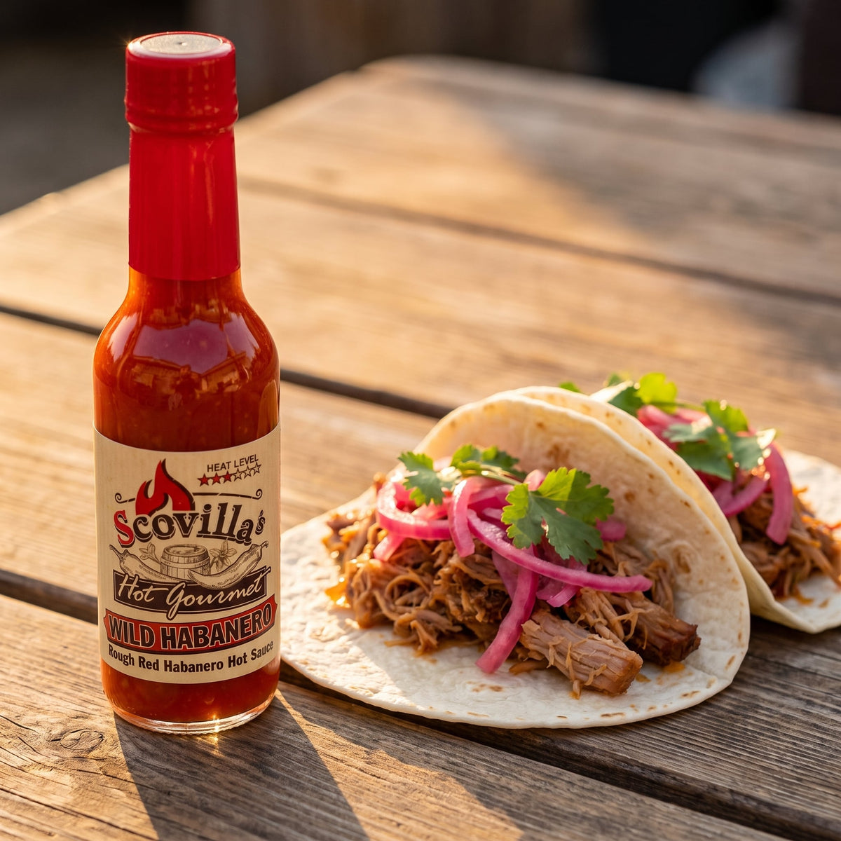 Scovilla Hot Gourmet Wild Habanero Hot Sauce neben Pulled-Pork-Tacos mit eingelegten Zwiebeln
