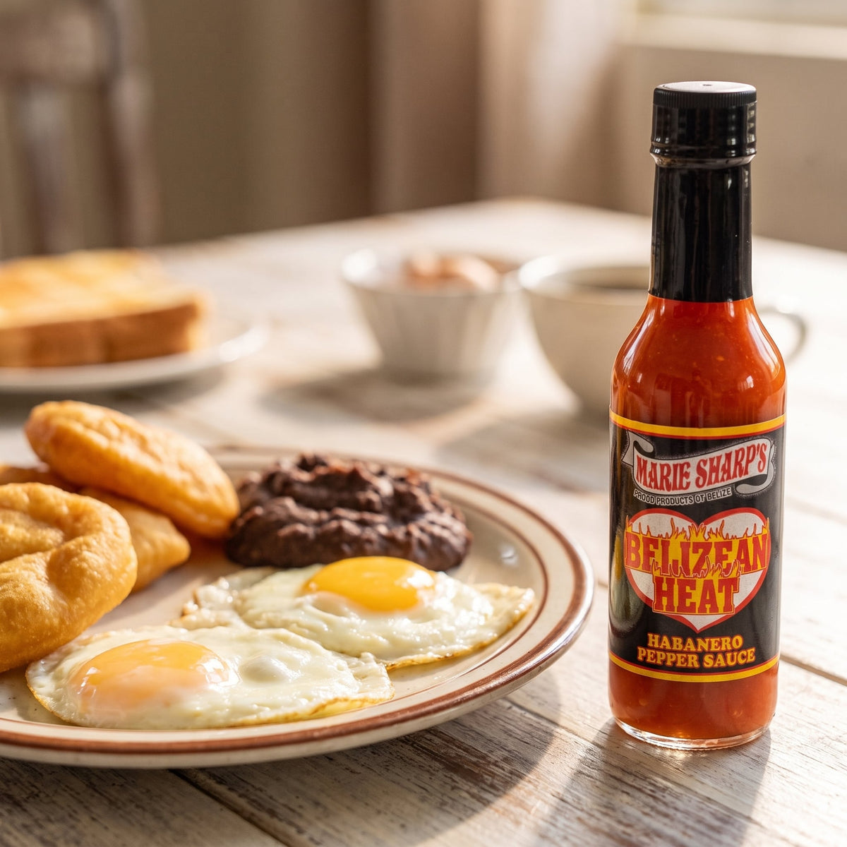Marie Sharp's Belizean Heat Habanero Sauce neben einem Frühstück mit Spiegelei, Bohnen und Fry Jacks
