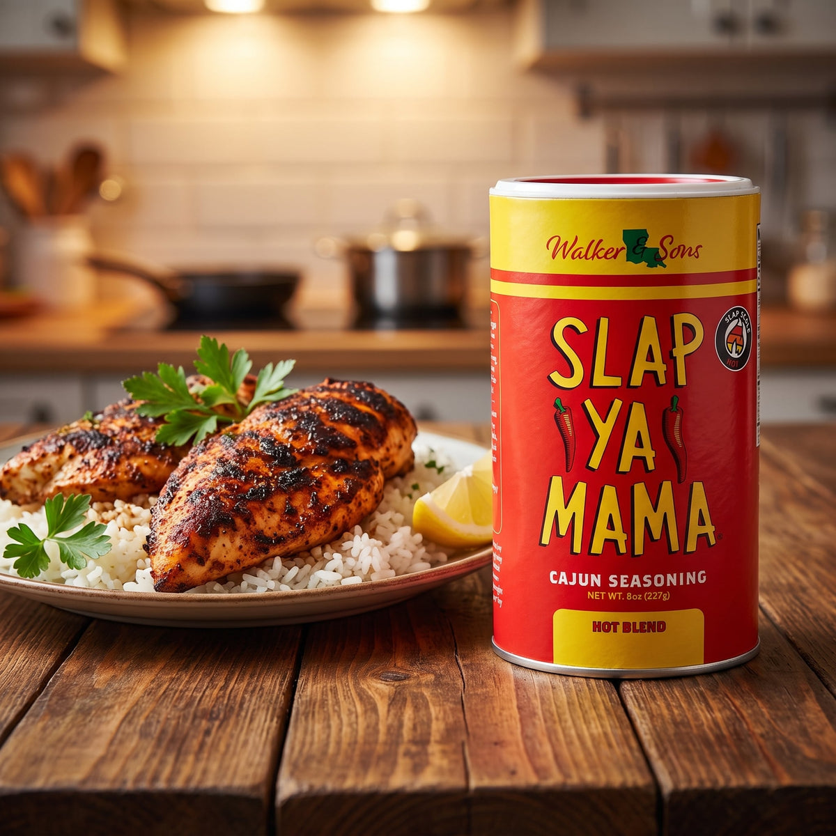Slap Ya Mama Hot Cajun Seasoning Streuer neben Cajun-Hähnchen mit Reis