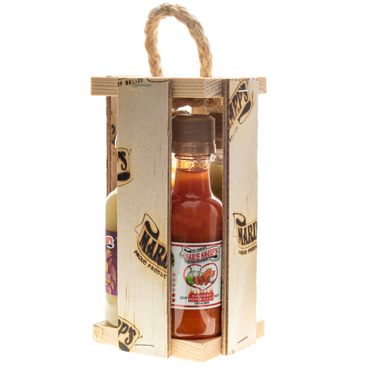 Marie Sharp's Four Little Geschenkset, Holzrahmen mit vier 50-ml-Flaschen von vorne