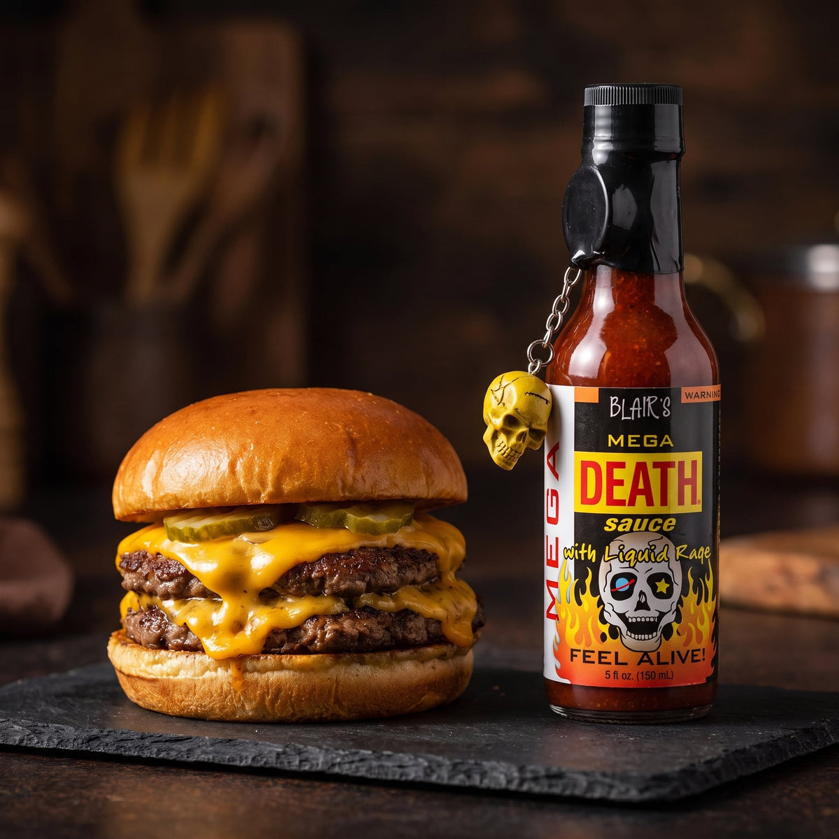 Blair's Mega Death Hot Sauce neben einem doppelten Cheeseburger auf Schiefer