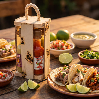 Marie Sharp's Four Little Geschenkset im Holzrahmen an einem Taco-Abend mit Salsa und Limetten