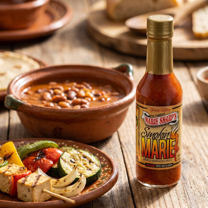 Marie Sharp's Smokin' Marie Habanero Sauce neben Bohneneintopf und gegrilltem Gemüse mit Tofu