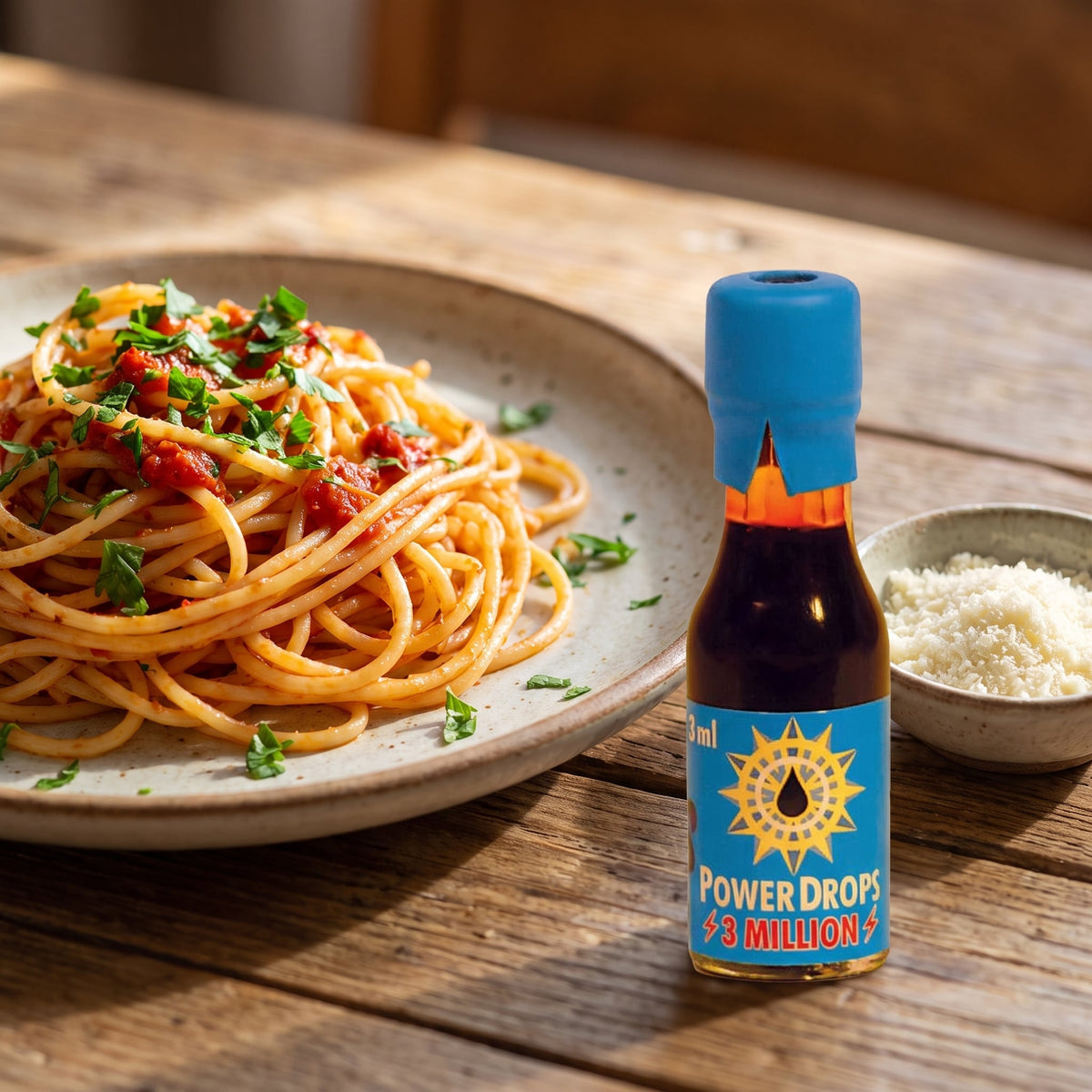 Scovilla Power Drops 3 Millionen Scoville Chili-Extrakt neben einem Teller Spaghetti all'arrabbiata