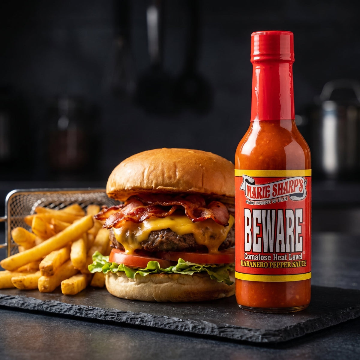 Marie Sharp's Beware Habanero Sauce neben einem Bacon-Cheeseburger mit Pommes