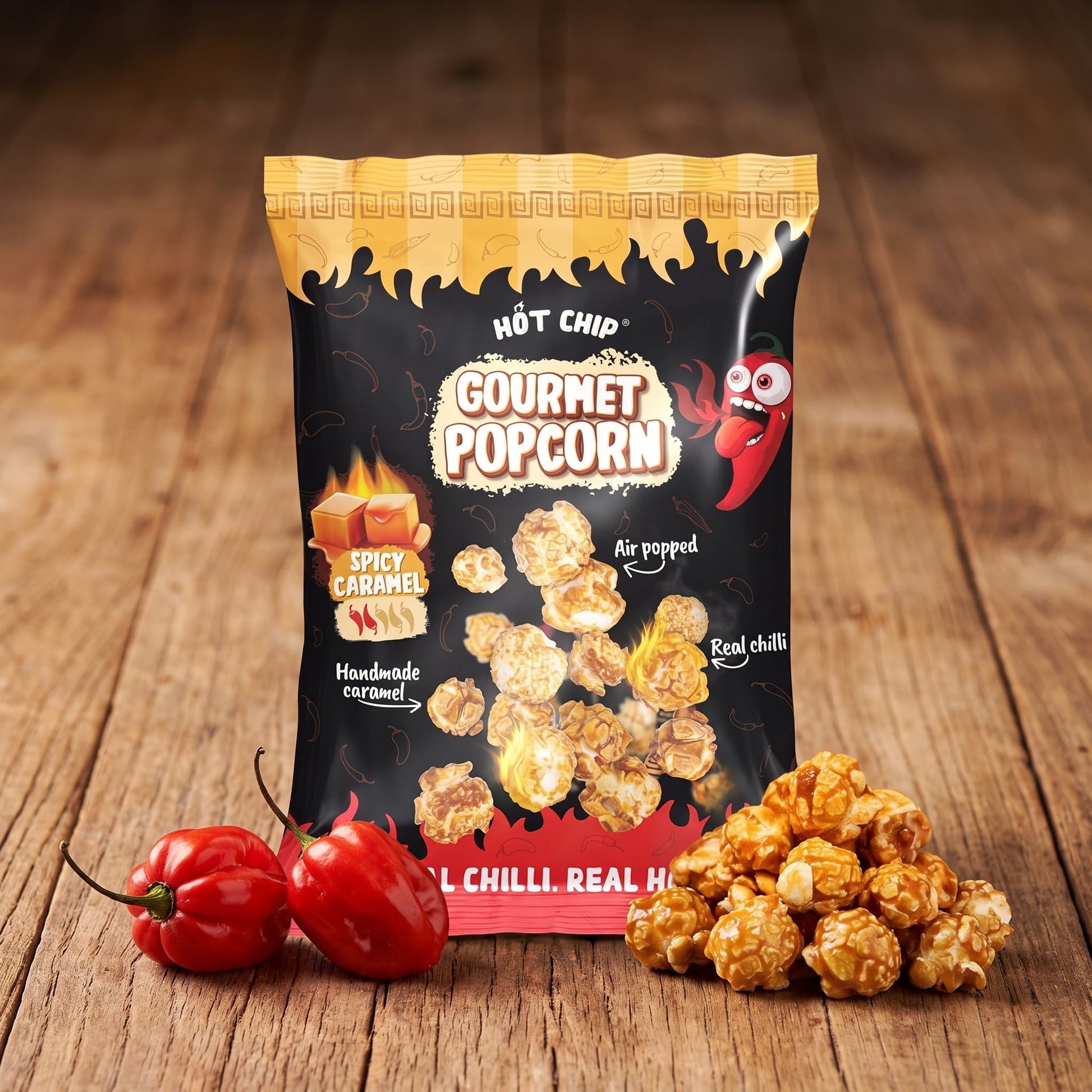 Popcorn Spicy Caramel Beutel mit einer Portion Karamellpopcorn und frischen Habanero-Chilis