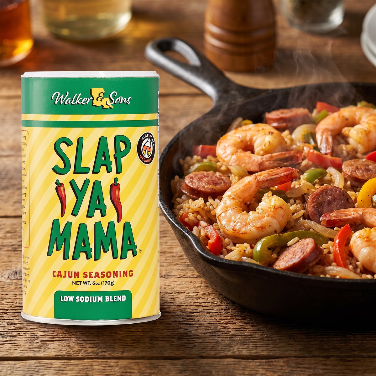 Slap Ya Mama Cajun Seasoning Low Sodium Streuer neben einer Pfanne Jambalaya mit Garnelen