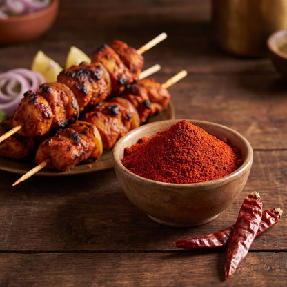 Schälchen Kashmiri Mirch Chilipulver neben Tandoori-Spiessen mit Zwiebeln und Zitrone