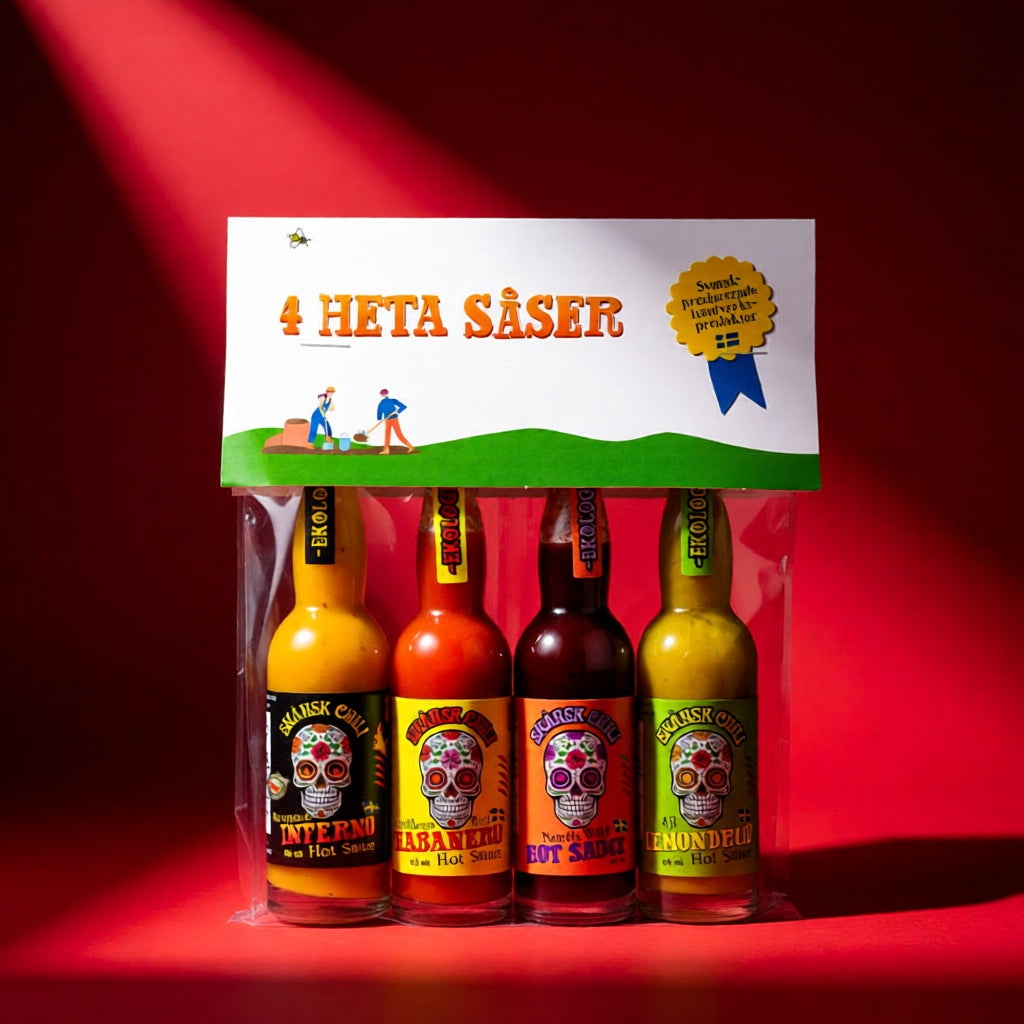Skånsk Chili 4er Hot Saucen Geschenkset mit verschiedenen Schärfegraden und Geschmacksrichtungen