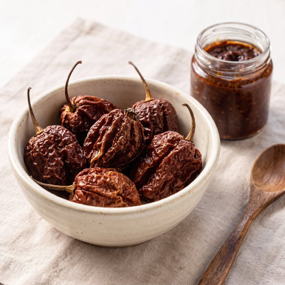 Getrocknete Chocolate Bhutlah Chilischoten in einer Keramikschale neben einem Glas dunkler Chilipaste