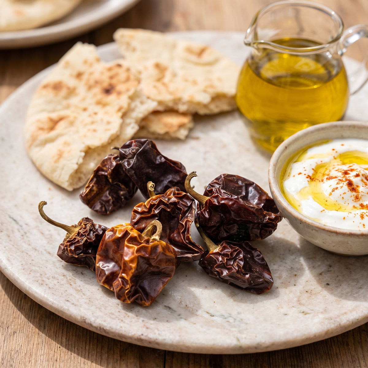 Getrocknete Aleppo Chilischoten auf einem Steinteller neben Fladenbrot, Joghurt-Dip und Olivenöl
