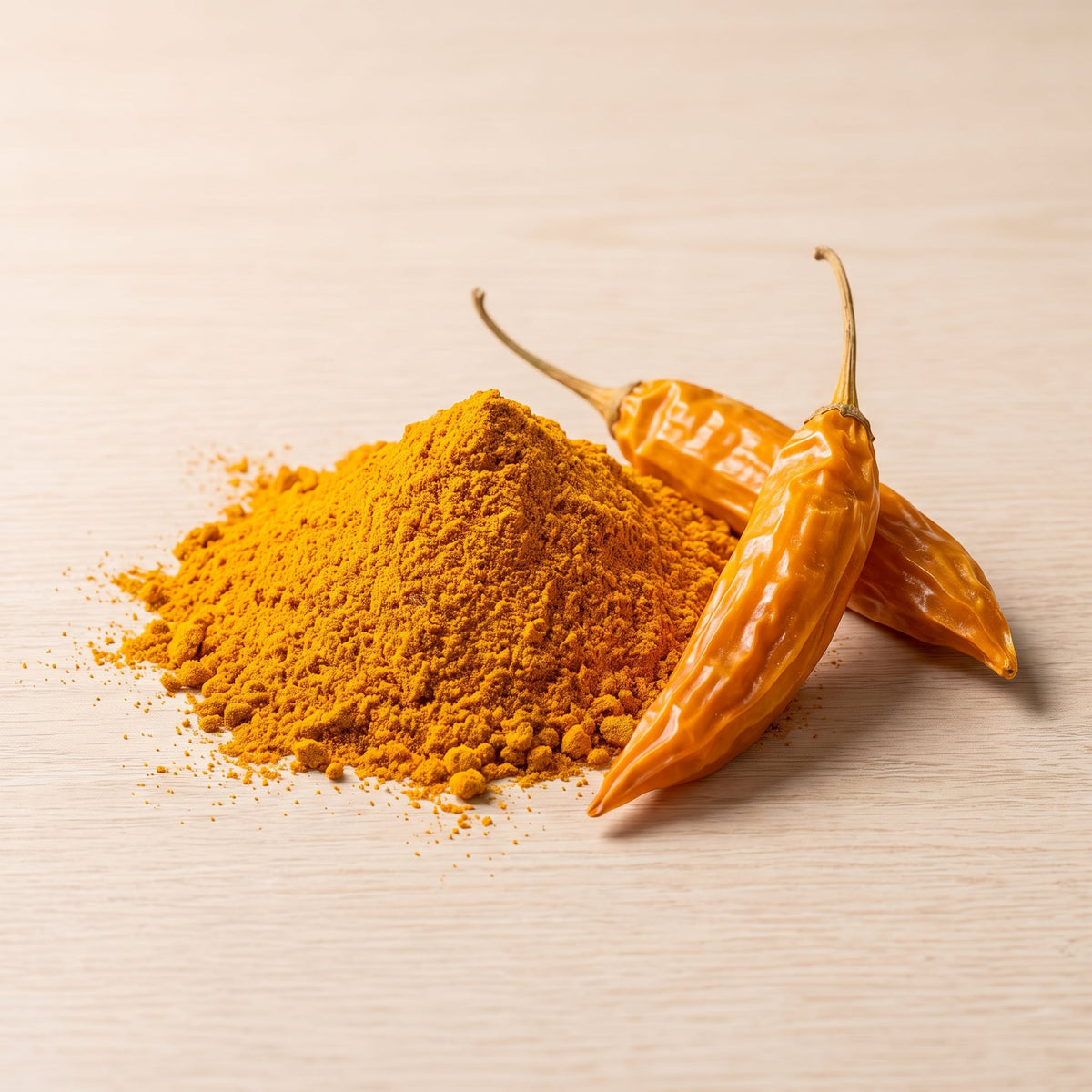 Aji Amarillo Chilipulver mit getrockneten Aji-Amarillo-Schoten auf Holzuntergrund