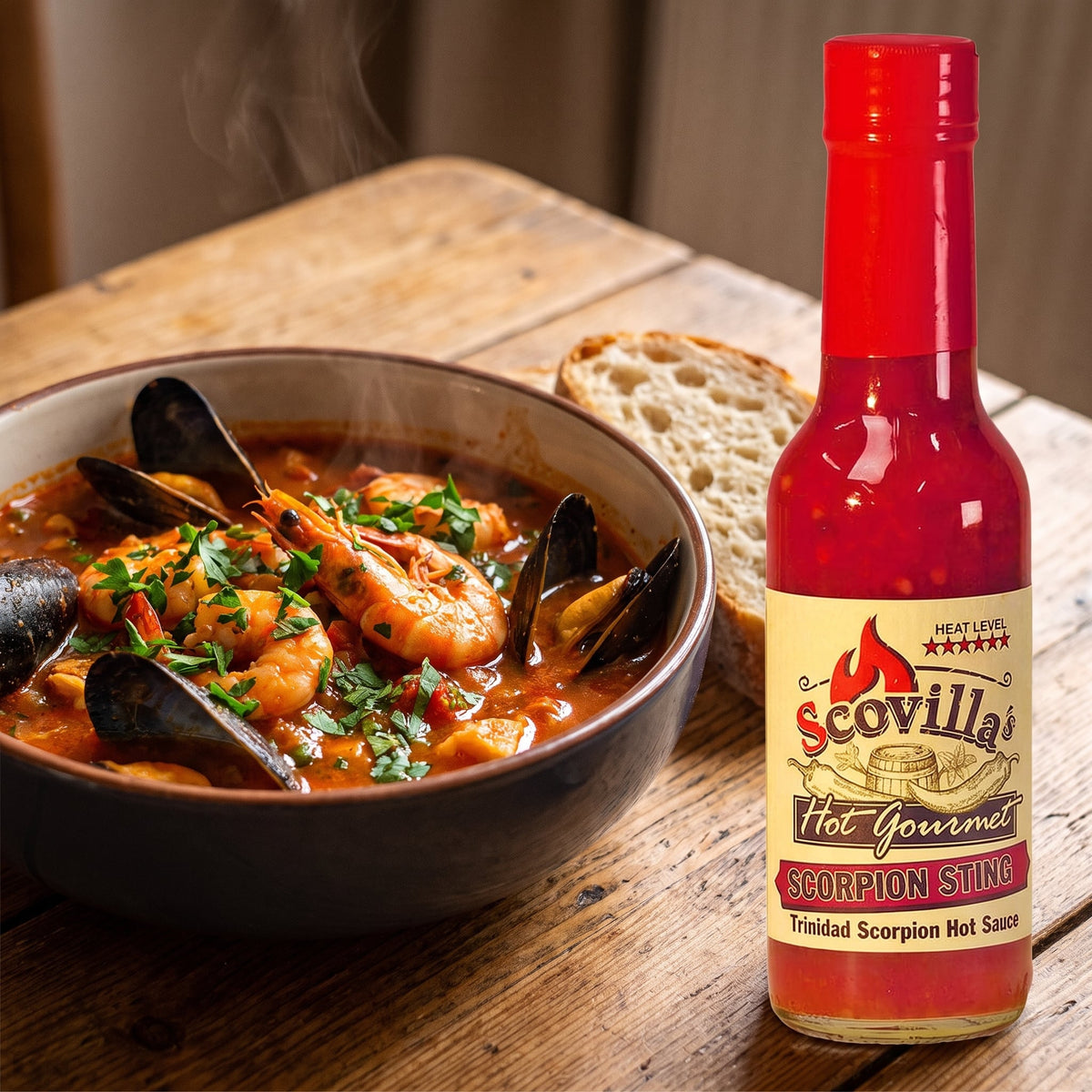 Scovilla Hot Gourmet Scorpion Sting Hot Sauce neben einem Meeresfrüchte-Eintopf mit Muscheln