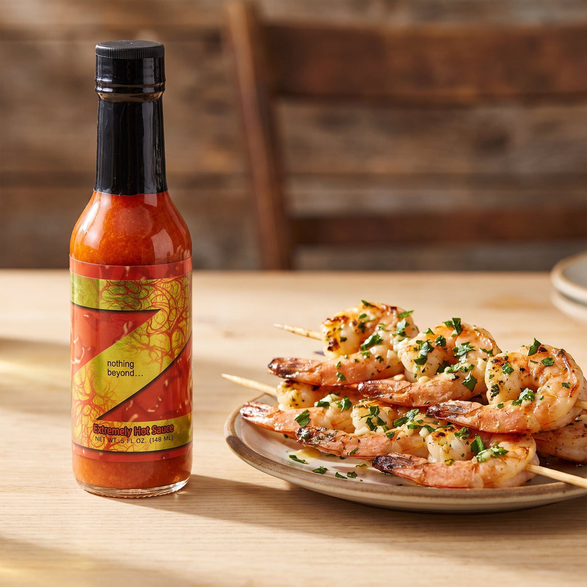 CaJohn's Z nothing beyond Hot Sauce neben gegrillten Garnelenspiessen mit Knoblauchbutter
