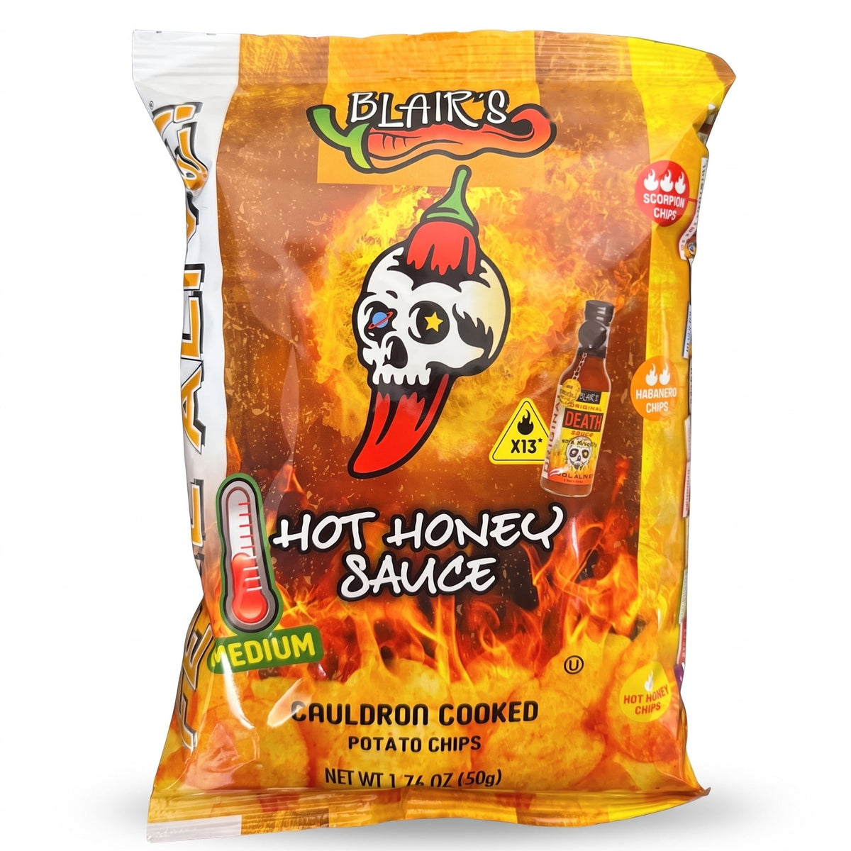 Blair's Hot Honey Sauce Chips, 50-g-Tüte von vorne