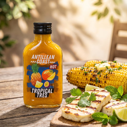 Tropical Tres Hot Sauce neben gegrillten Maiskolben und Halloumi vom Grill