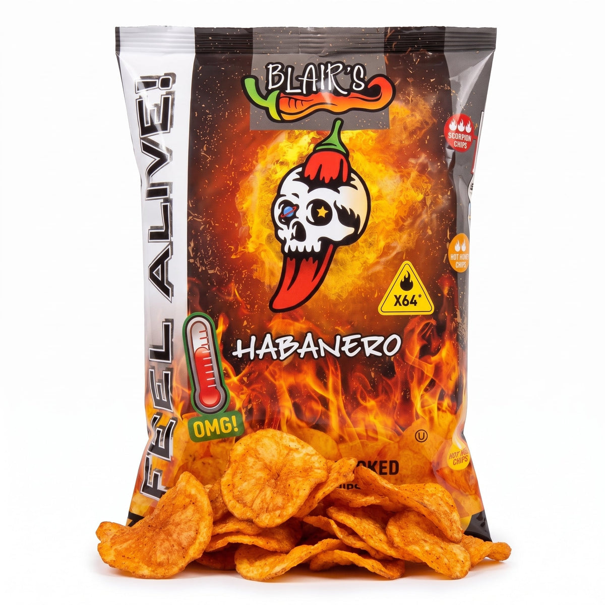 Blair's Habanero Chips, geöffnete Tüte mit Kessel Chips
