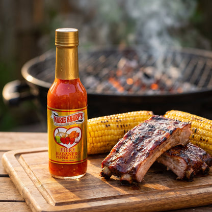 Marie Sharp's Fiery Hot Habanero Sauce neben gegrillten Spareribs und Maiskolben