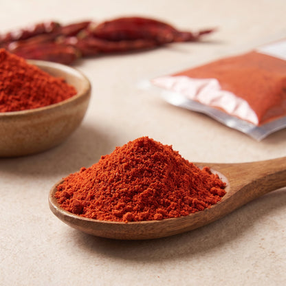 Kashmiri Mirch Chilipulver auf Holzlöffel, Beutel im Hintergrund