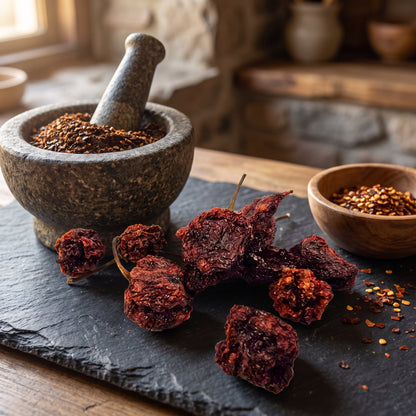 Getrocknete 7 Pot Brain Strain Chilischoten auf Schiefer neben einem Steinmörser mit gemahlenem Chili