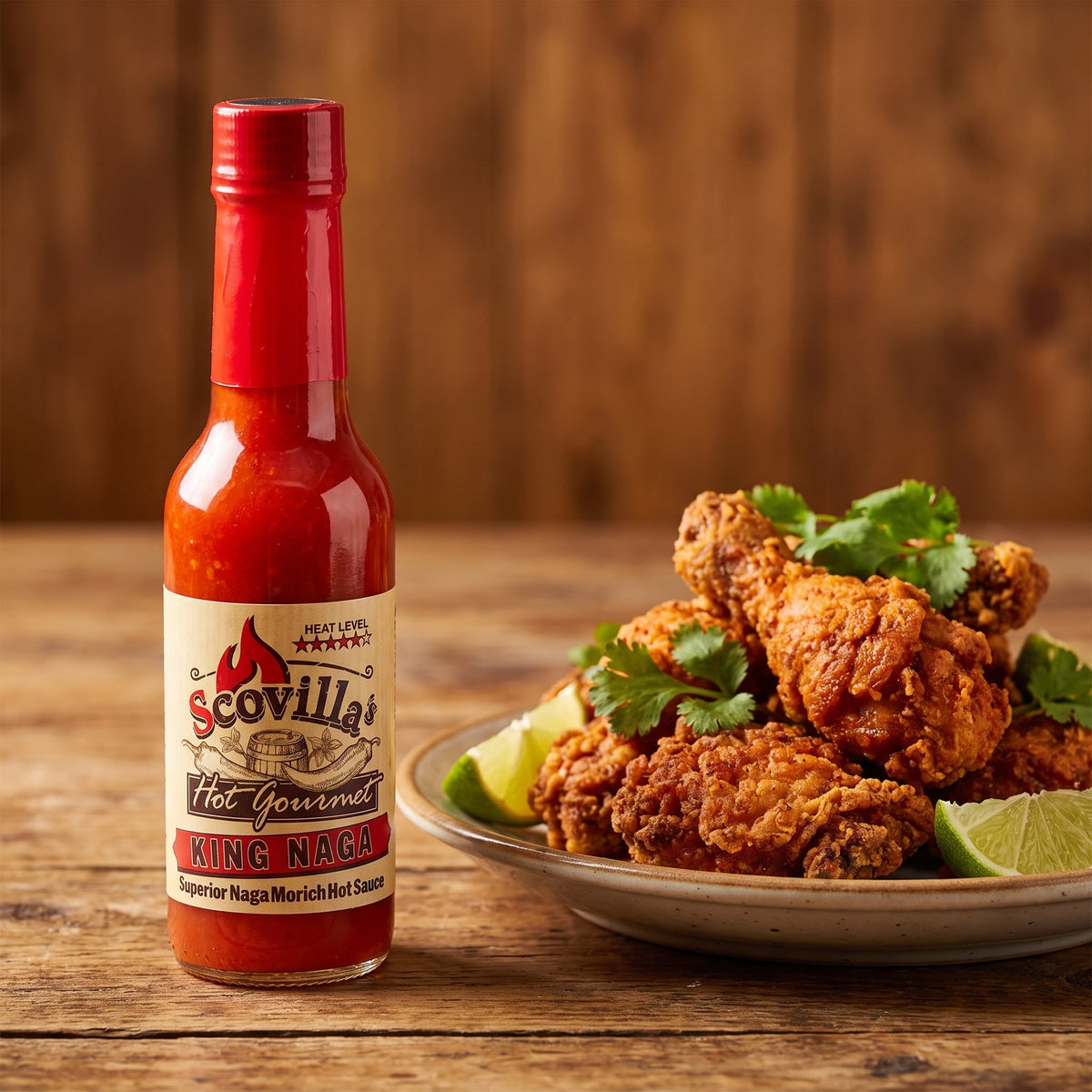 Scovilla Hot Gourmet King Naga Hot Sauce neben knusprigem Brathähnchen mit Limetten