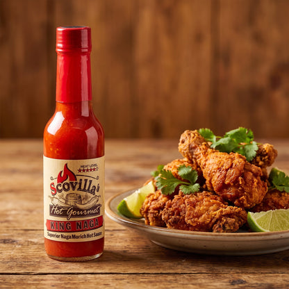 Scovilla Hot Gourmet King Naga Hot Sauce neben knusprigem Brathähnchen mit Limetten