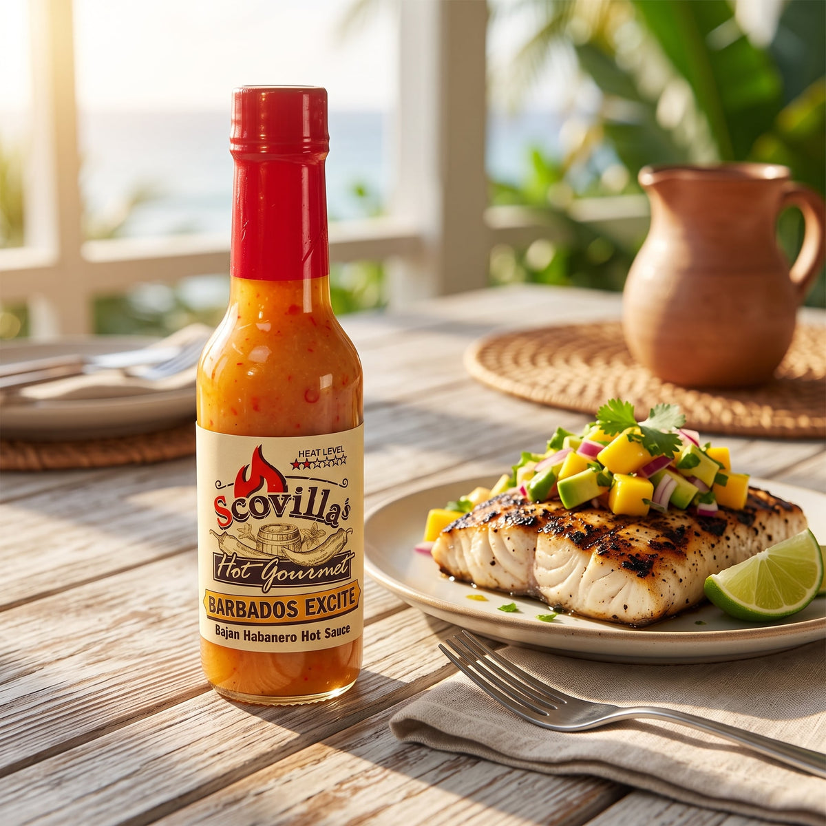 Scovilla Hot Gourmet Barbados Excite Hot Sauce neben gegrilltem Fisch mit Mangosalat