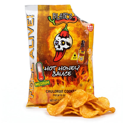Blair's Hot Honey Sauce Chips, geöffnete Tüte mit Kessel Chips