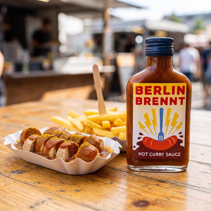 Crazy Bastard Berlin brennt Hot Curry Sauce neben einer Currywurst mit Pommes frites