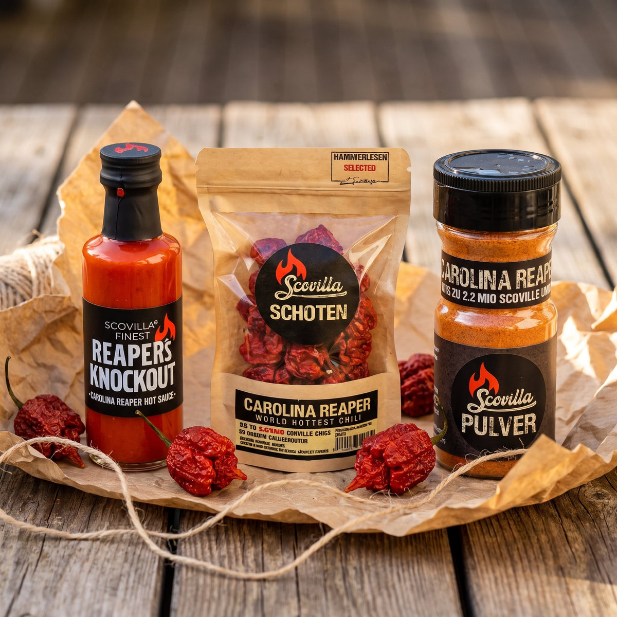 Carolina Reaper Hell Bundle mit Hot Sauce, Chilischoten und Chilipulver als Geschenkset