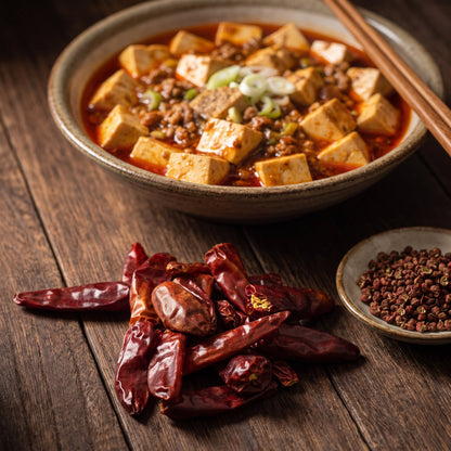Facing Heaven Bullet Chilis neben einer Schale Mapo Tofu und Szechuanpfeffer