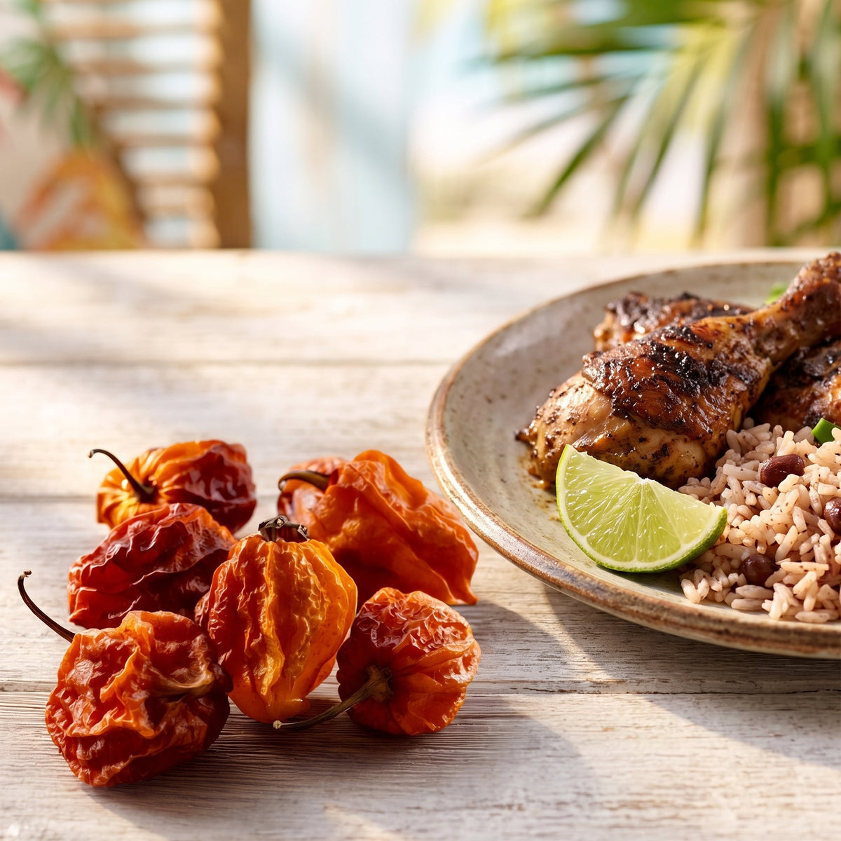 Piments Scotch Bonnet séchés à côté d'un jerk chicken avec riz et haricots